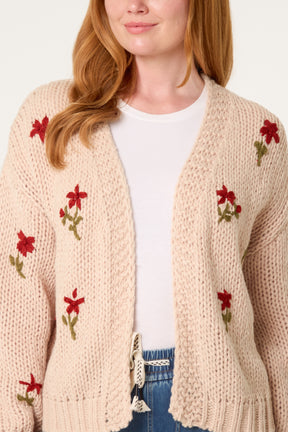 Chunky Knit Flower Embroidered Cardigan
