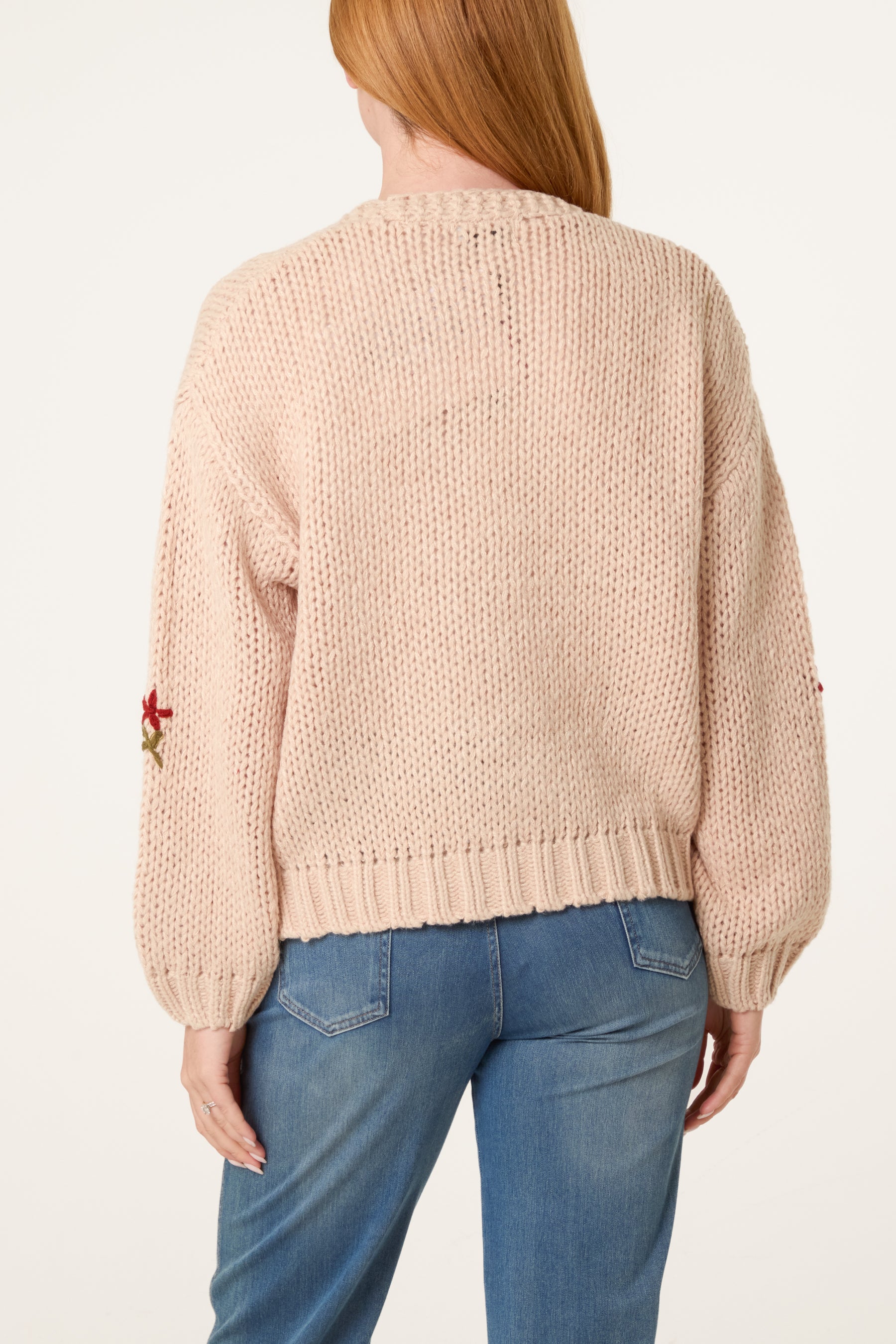 Chunky Knit Flower Embroidered Cardigan