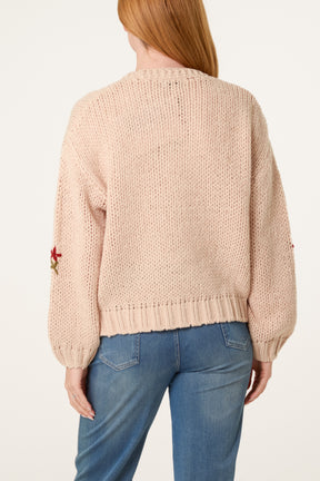 Chunky Knit Flower Embroidered Cardigan