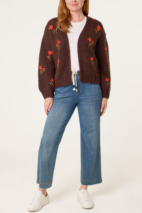 Chunky Knit Flower Embroidered Cardigan