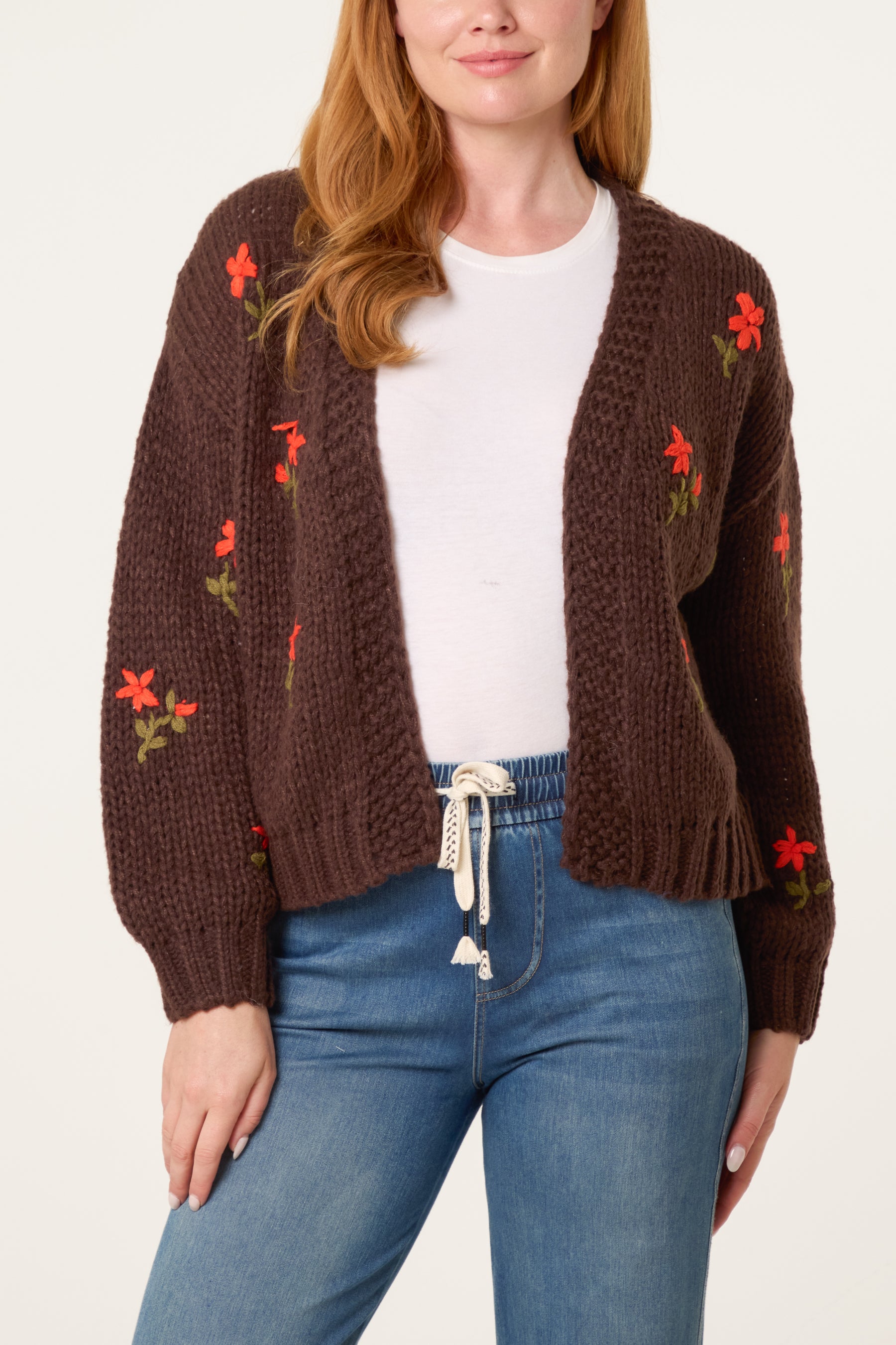 Chunky Knit Flower Embroidered Cardigan