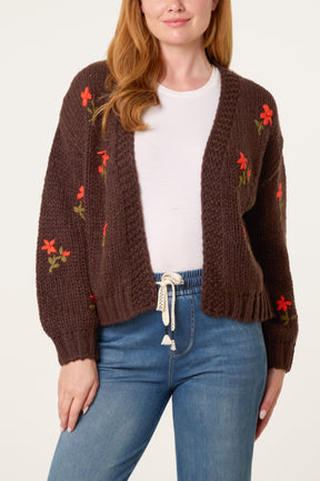 Chunky Knit Flower Embroidered Cardigan