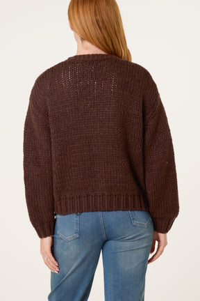 Chunky Knit Flower Embroidered Cardigan