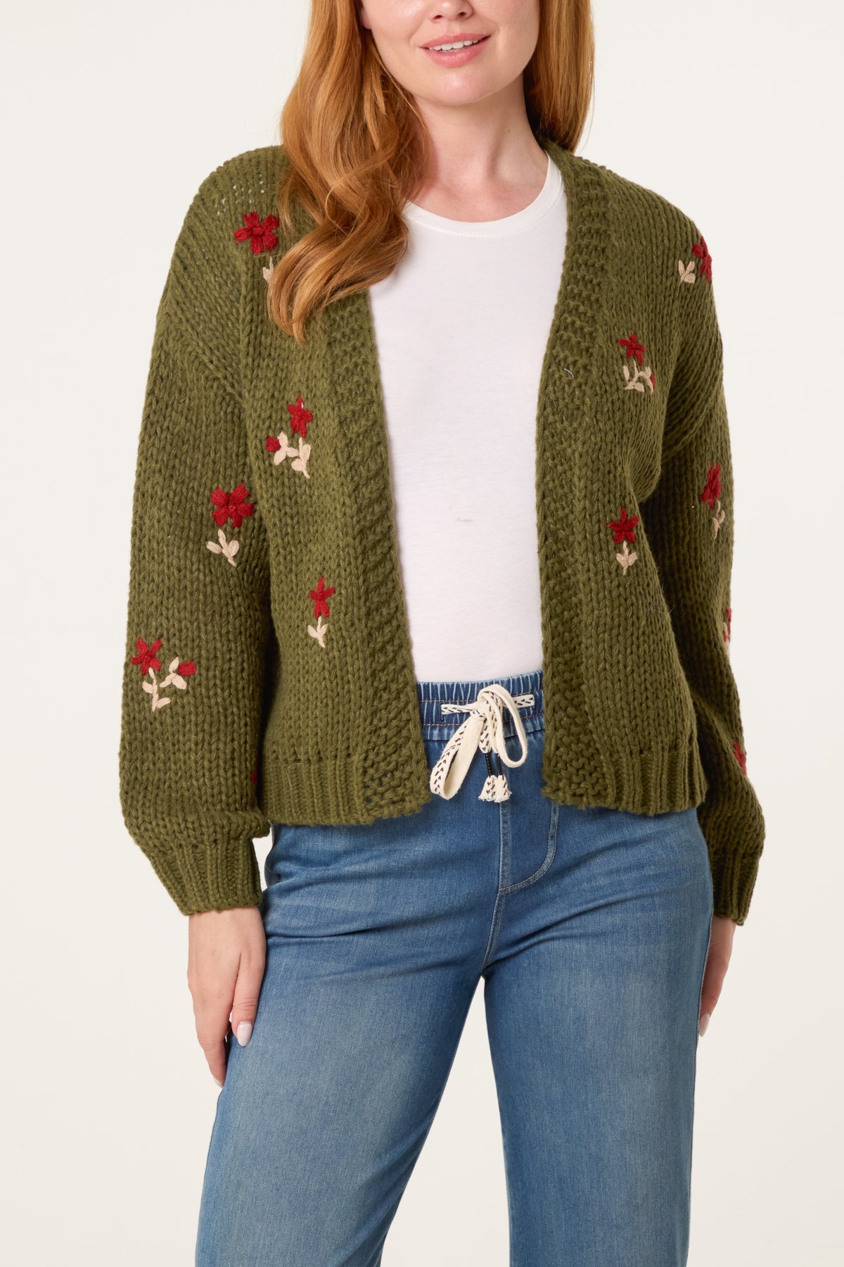 Chunky Knit Flower Embroidered Cardigan