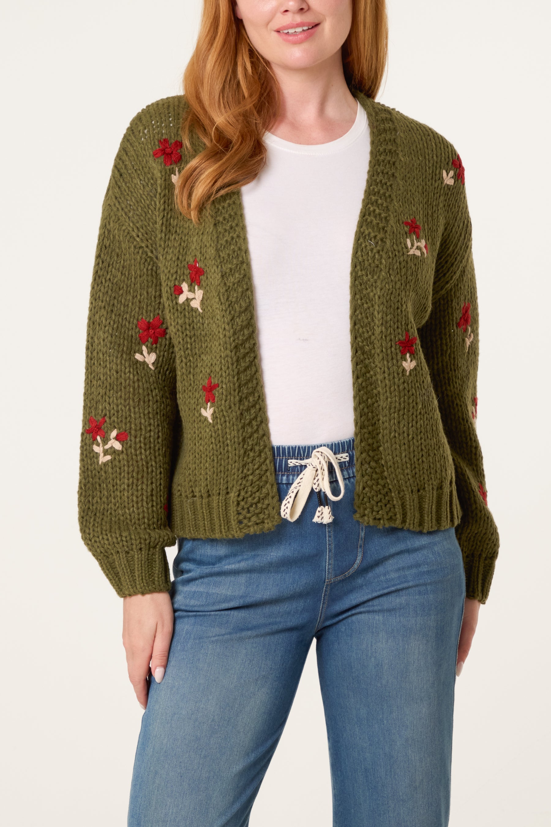 Chunky Knit Flower Embroidered Cardigan