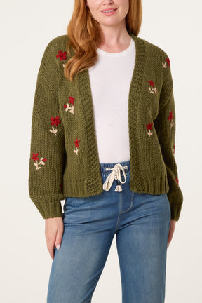 Chunky Knit Flower Embroidered Cardigan