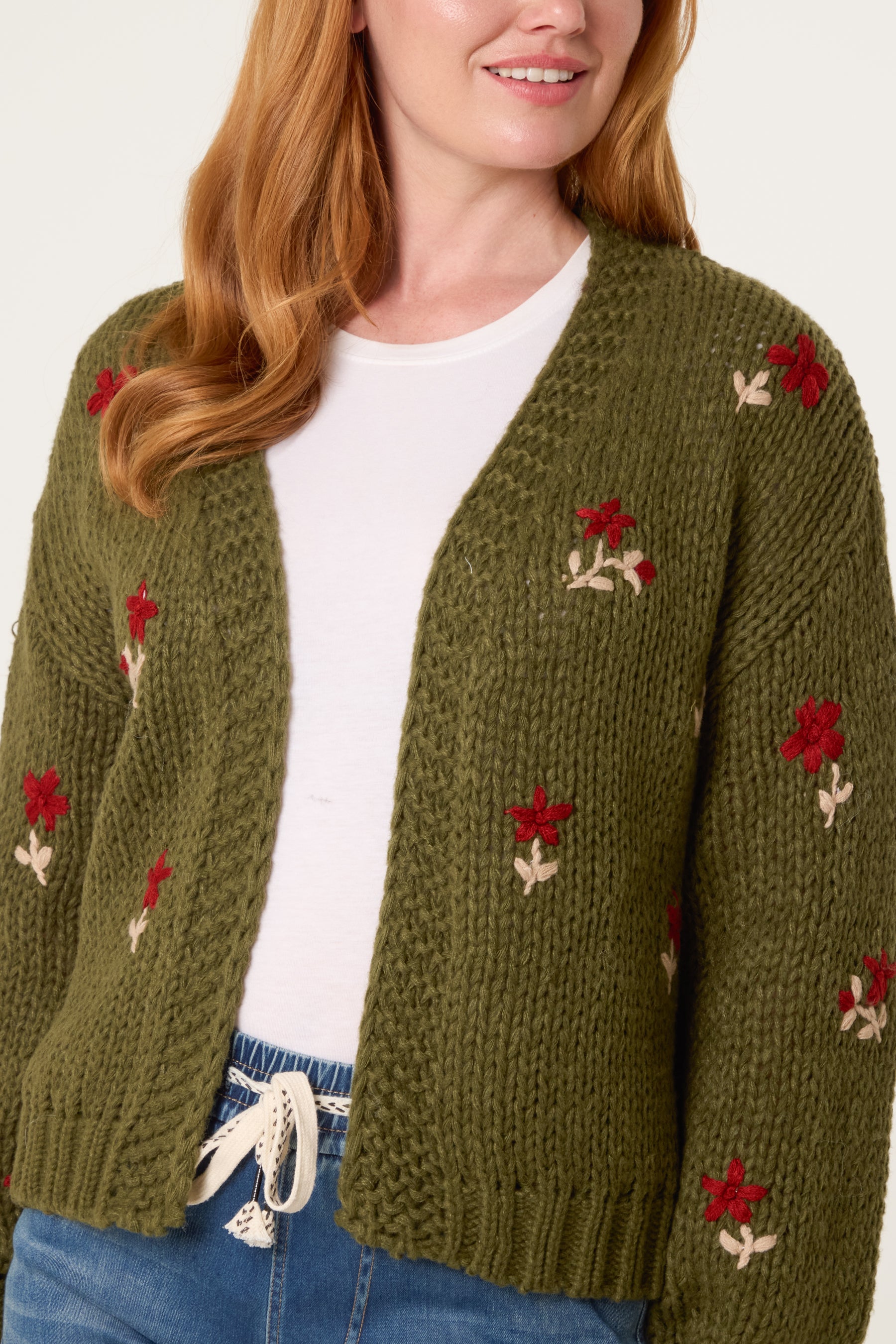 Chunky Knit Flower Embroidered Cardigan