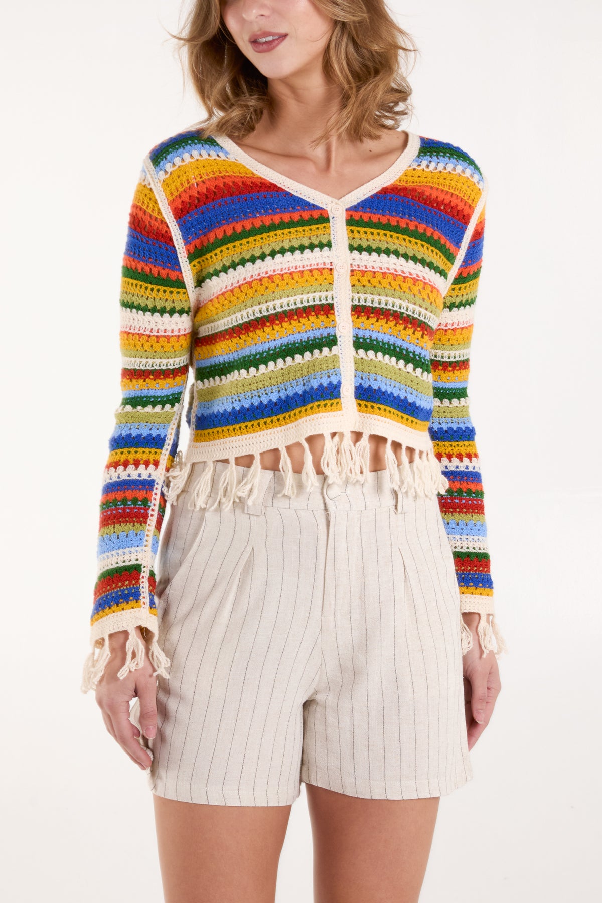 Colourful Striped Crochet Tassel Cardigan