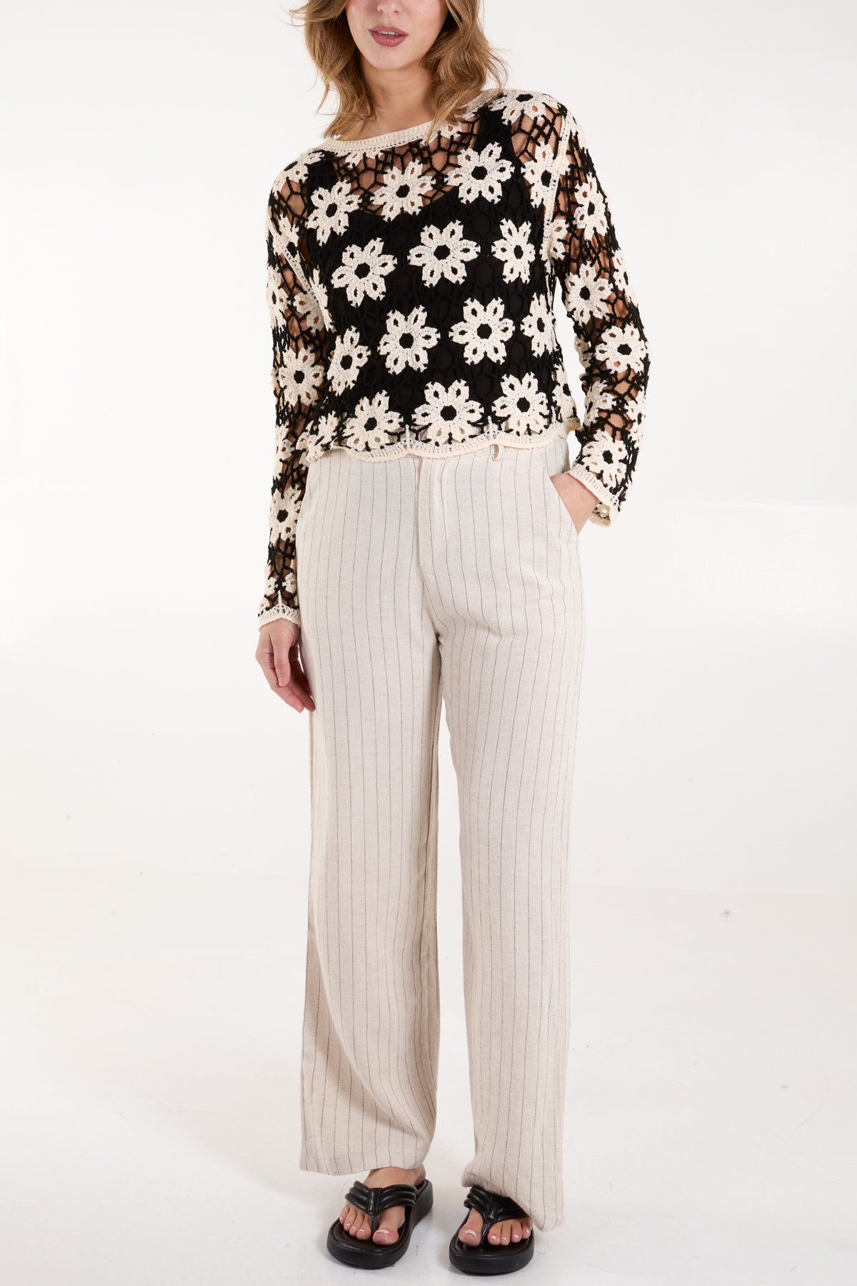 Monochrome Floral Pattern Crochet Top