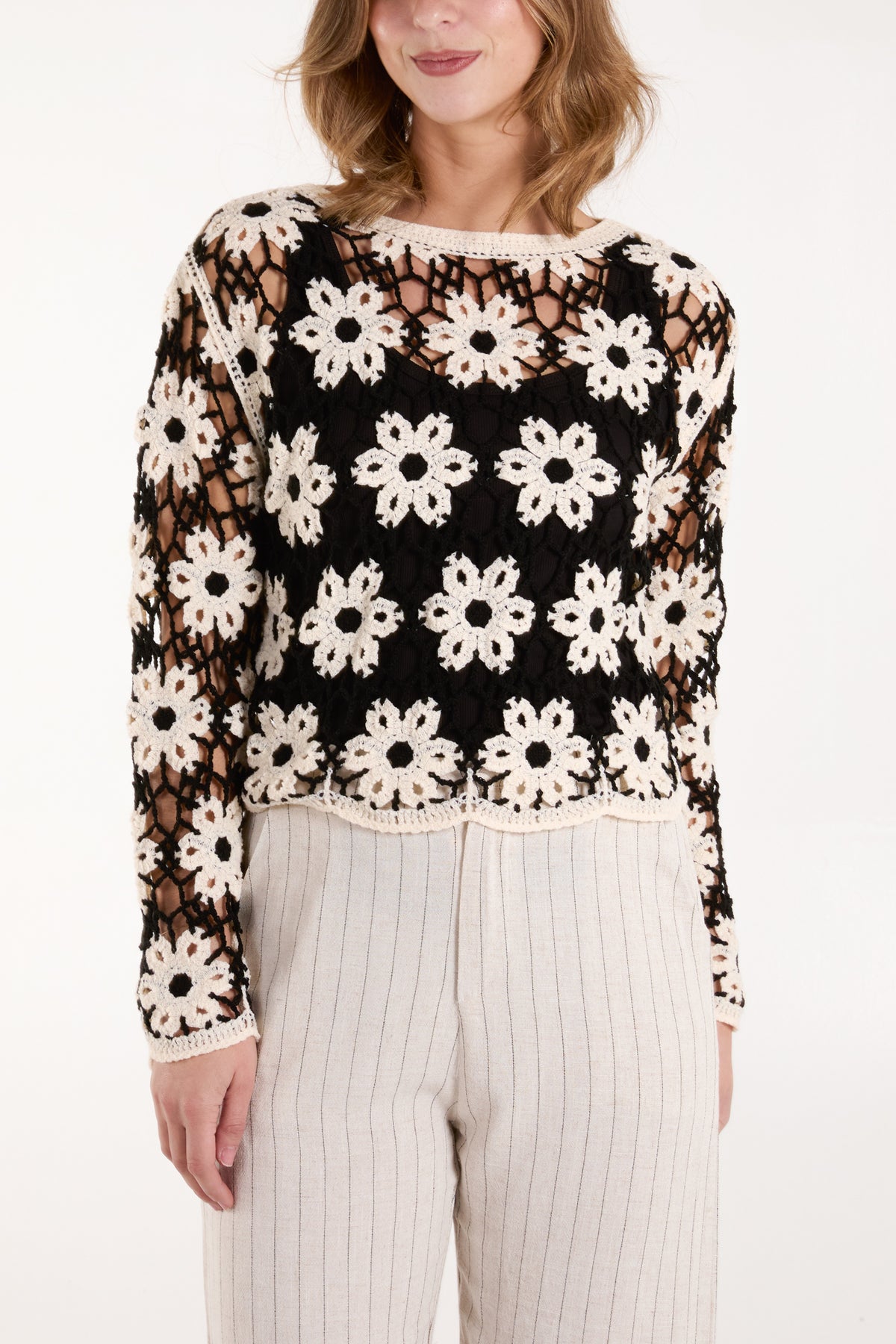 Monochrome Floral Pattern Crochet Top