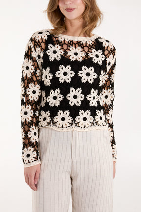 Monochrome Floral Pattern Crochet Top