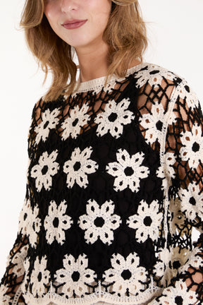 Monochrome Floral Pattern Crochet Top