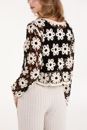 Monochrome Floral Pattern Crochet Top