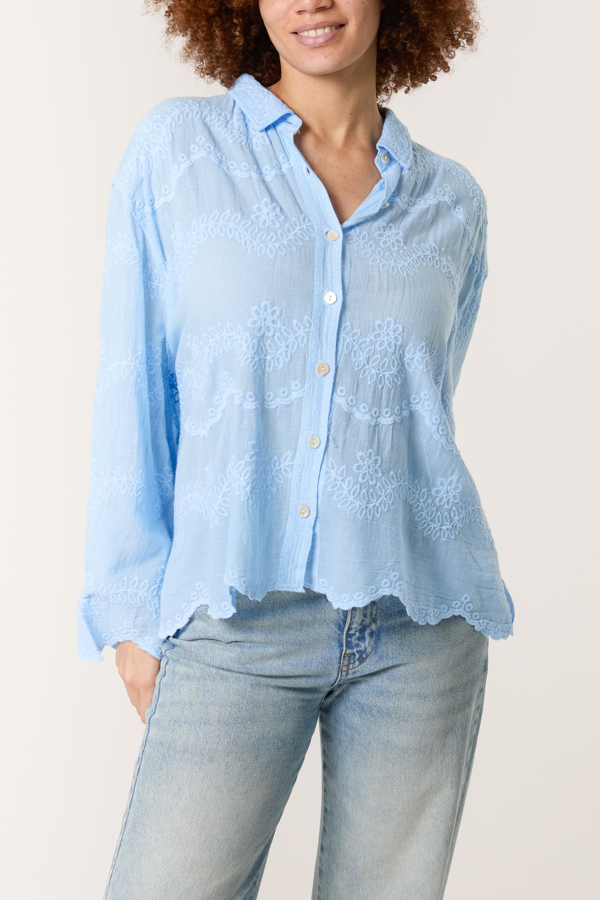 Floral Embroidered Scallop Edge Blouse