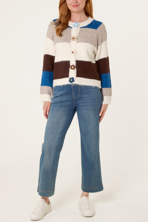 Striped Block 3D Flower Button Knit Cardigan