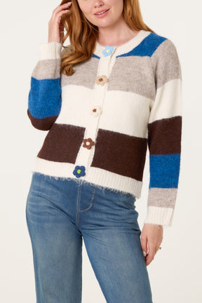 Striped Block 3D Flower Button Knit Cardigan