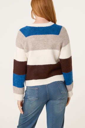 Striped Block 3D Flower Button Knit Cardigan