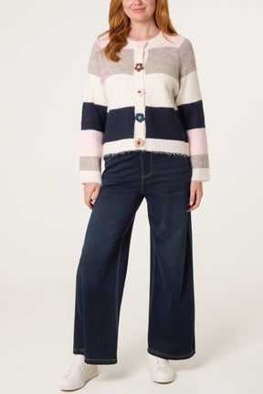 Striped Block 3D Flower Button Knit Cardigan