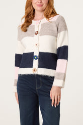 Striped Block 3D Flower Button Knit Cardigan