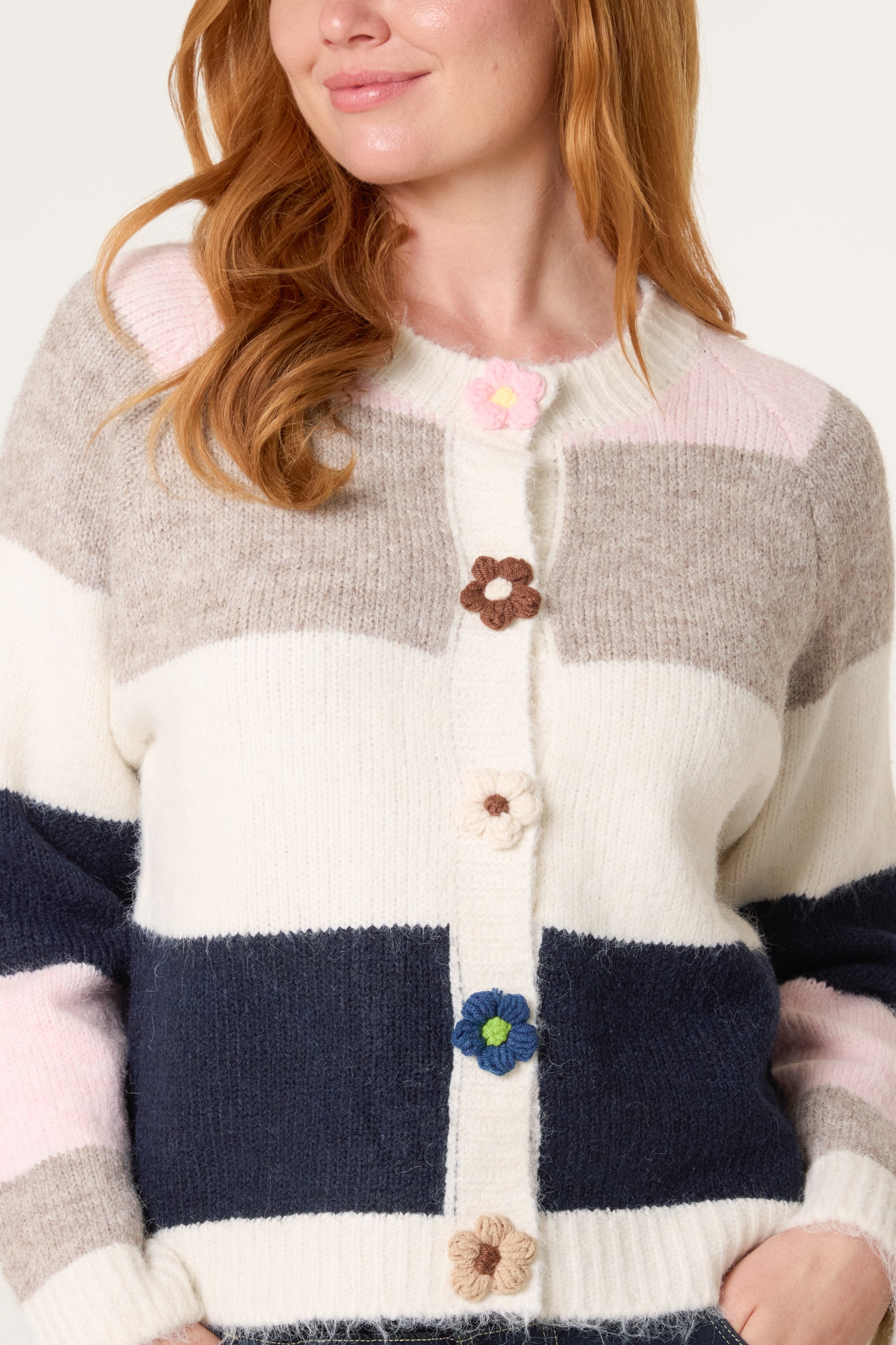 Striped Block 3D Flower Button Knit Cardigan