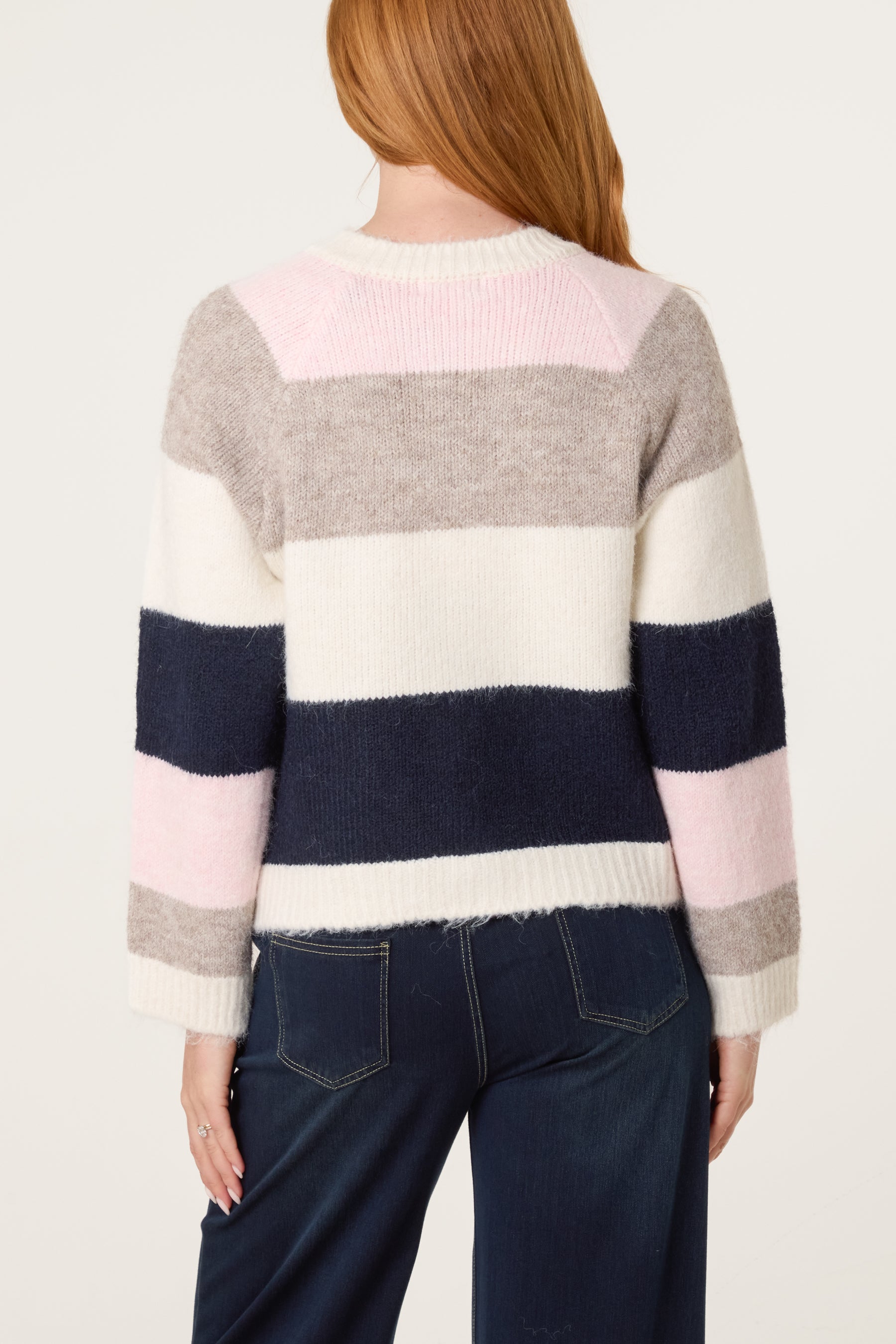 Striped Block 3D Flower Button Knit Cardigan