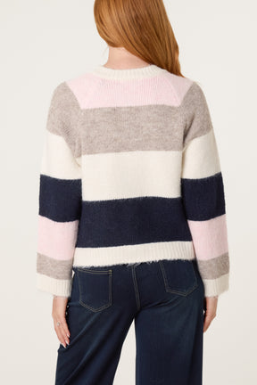 Striped Block 3D Flower Button Knit Cardigan