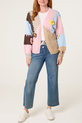 Stitch Colour Block 3D Flower Cardigan