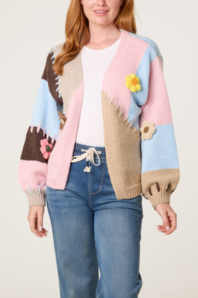 Stitch Colour Block 3D Flower Cardigan