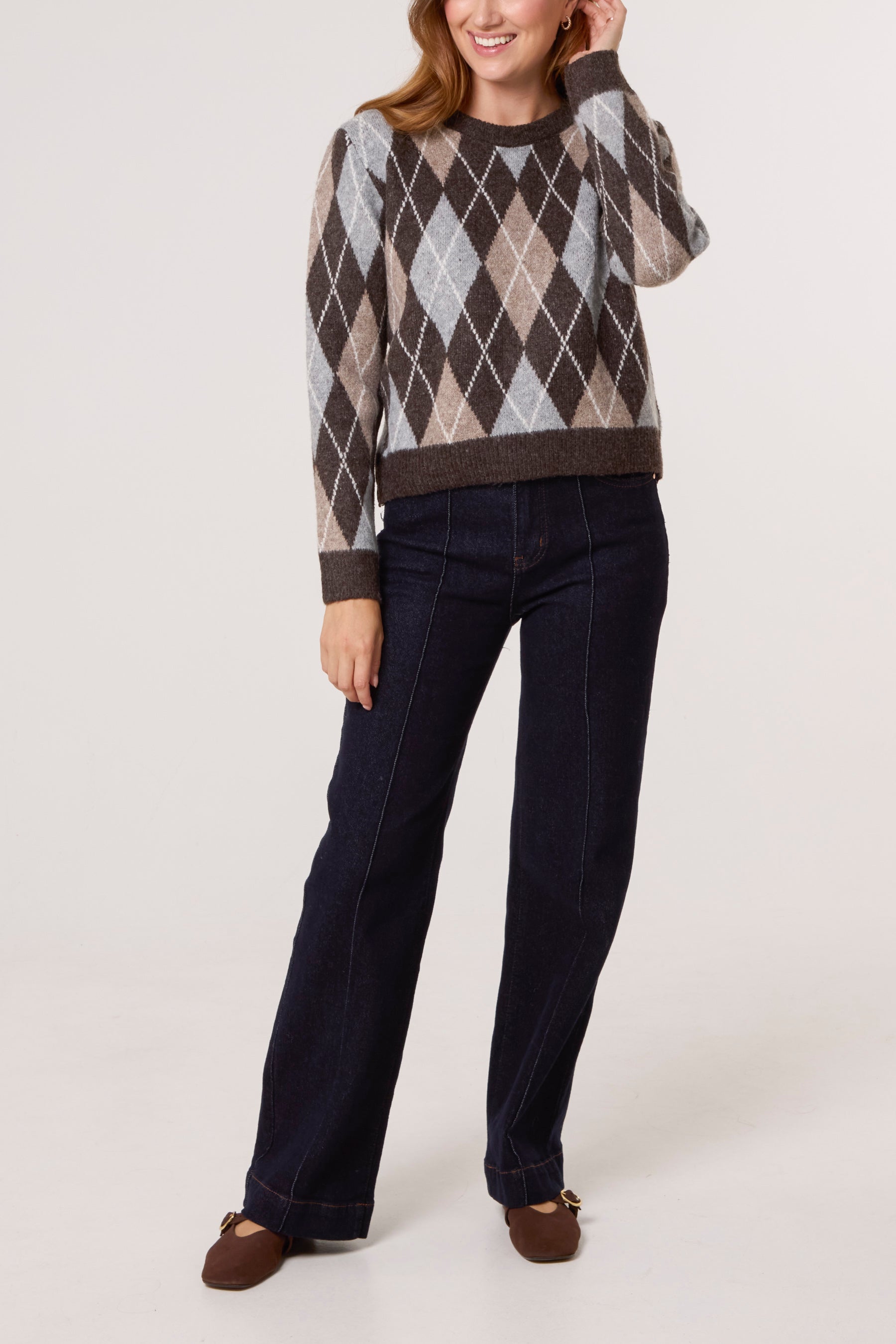 Argyle Patterned Knit Short Jumper
