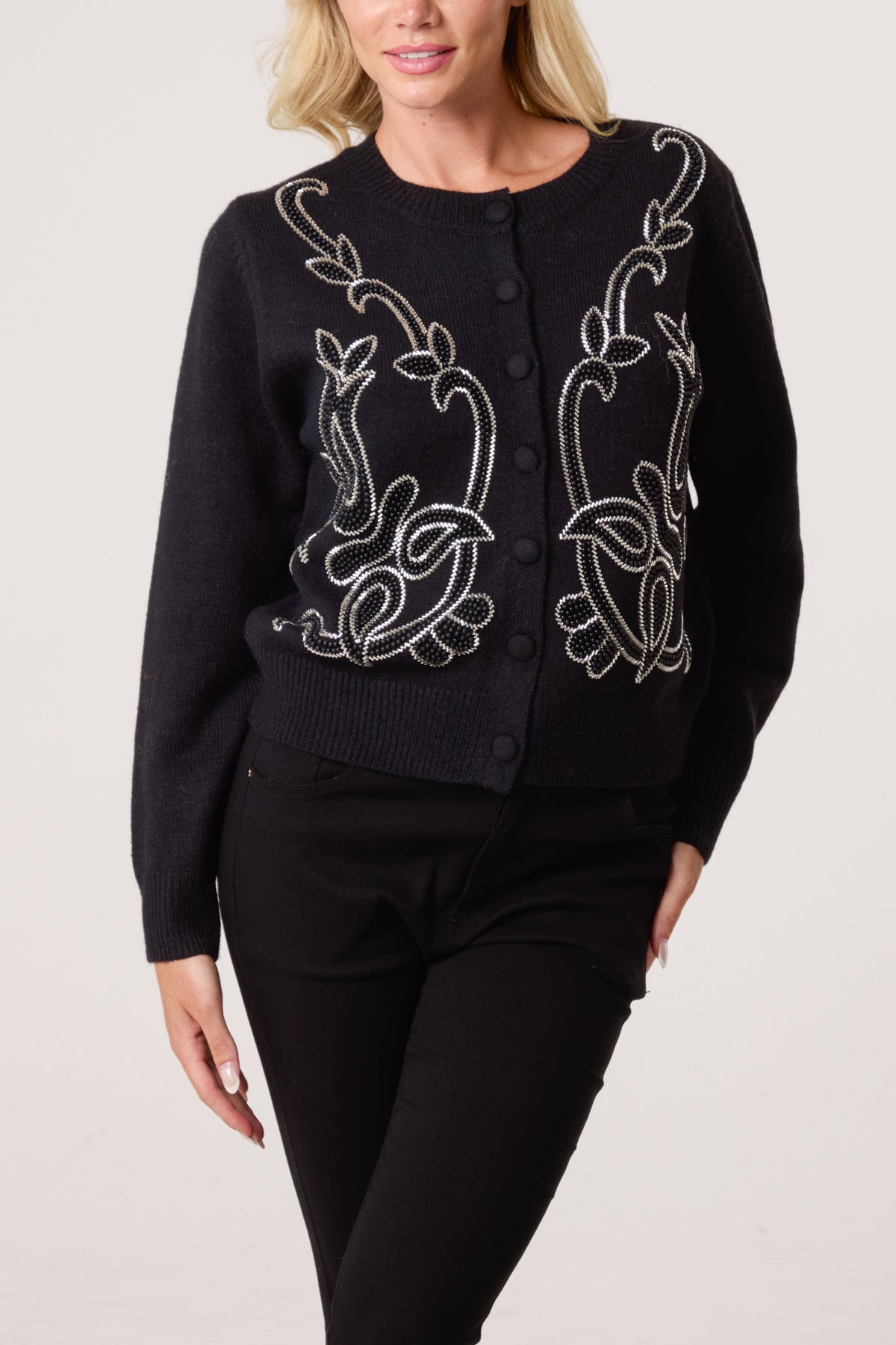 Beaded Vine Round Neck Knit Cardigan