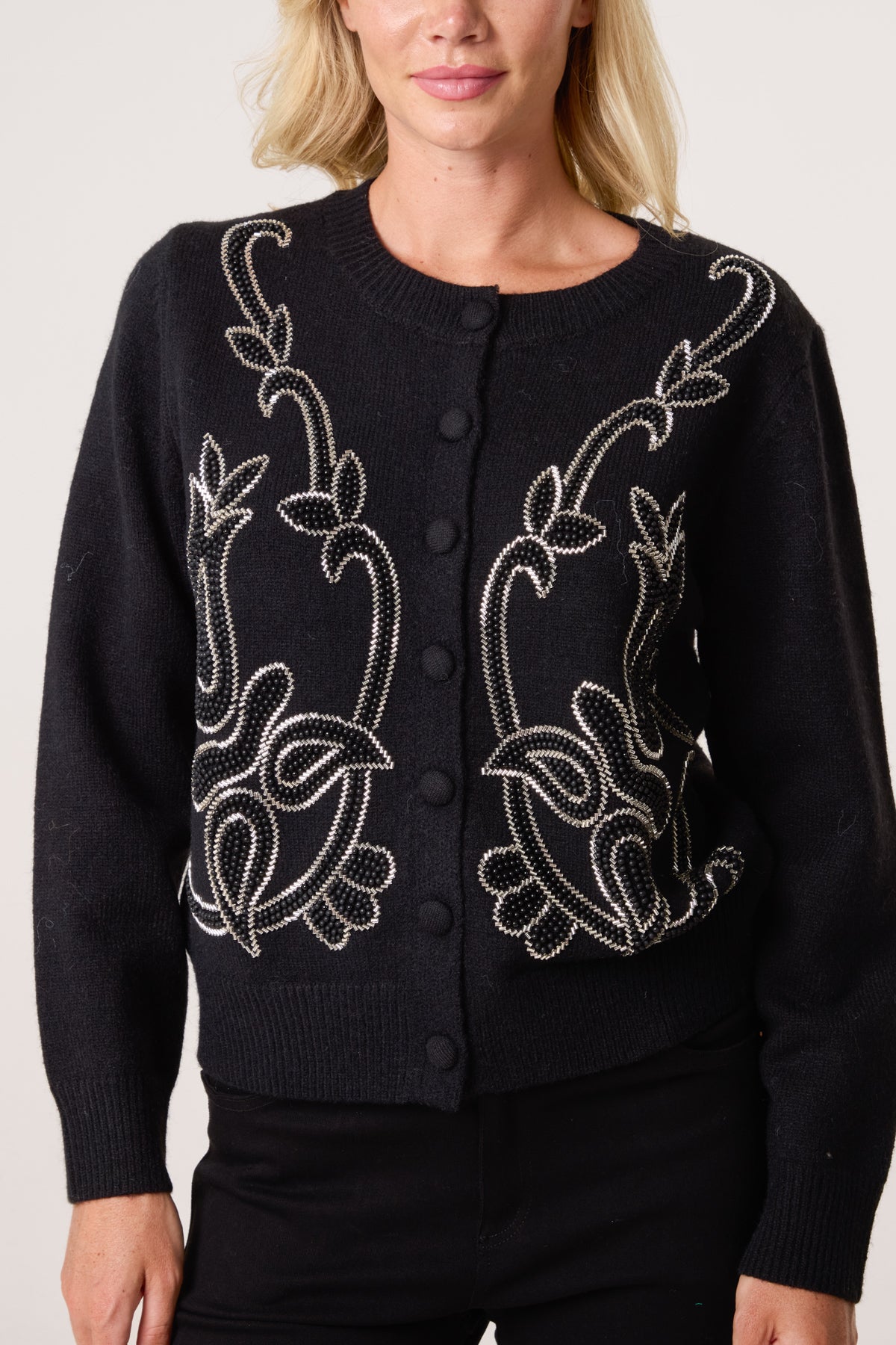 Beaded Vine Round Neck Knit Cardigan