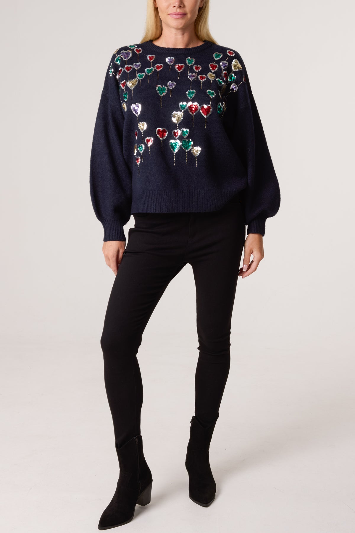 Sequin Balloon Hearts Knit Jumper