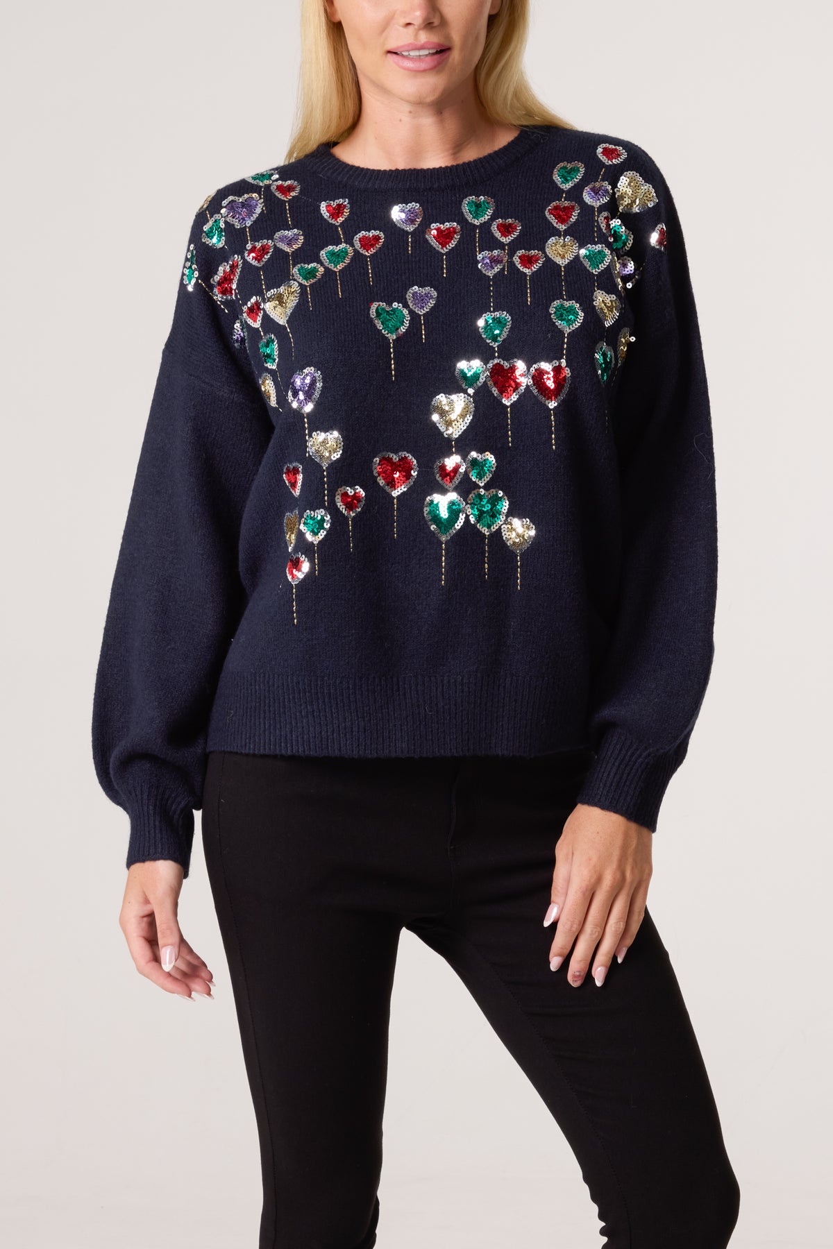 Sequin Balloon Hearts Knit Jumper