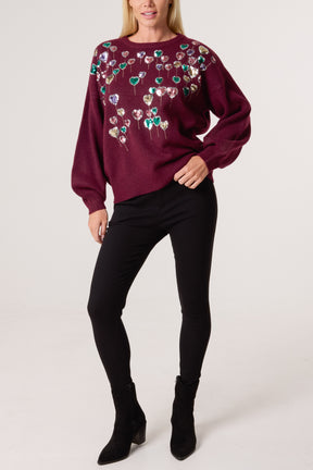 Sequin Balloon Hearts Knit Jumper