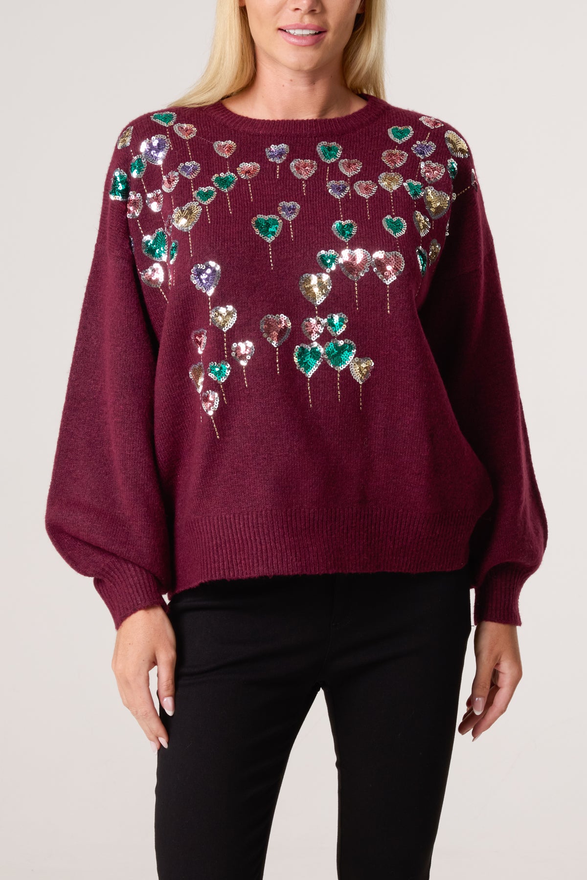 Sequin Balloon Hearts Knit Jumper