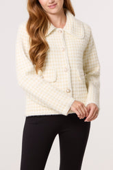 Pearl Button Check Knit Collared Cardigan