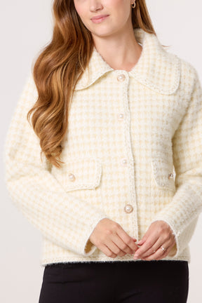 Pearl Button Check Knit Collared Cardigan