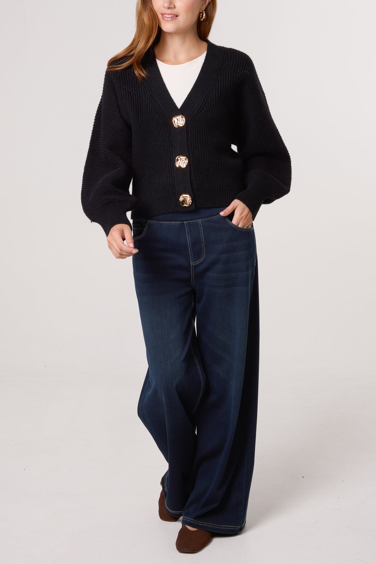 Gold Button Ribbed Knit Cardigan