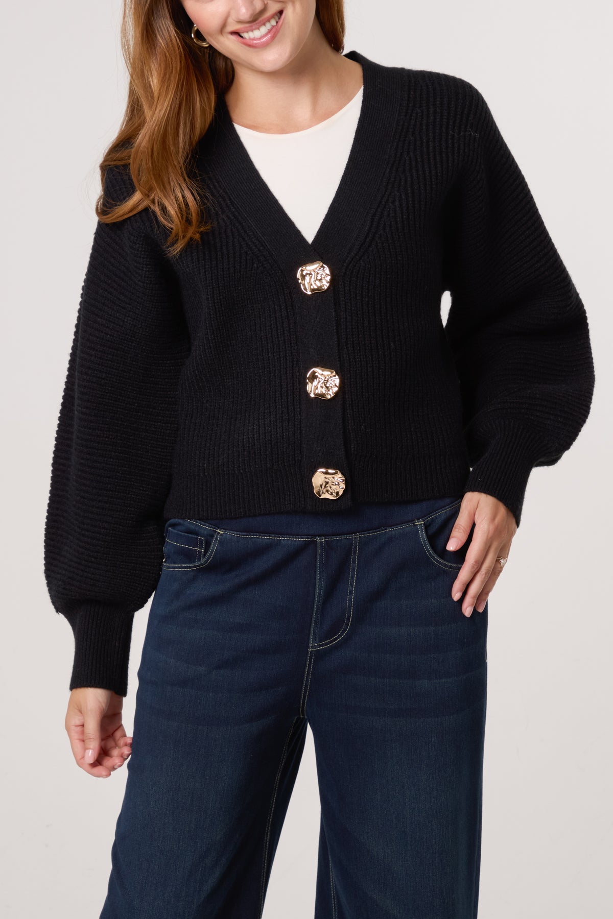 Gold Button Ribbed Knit Cardigan