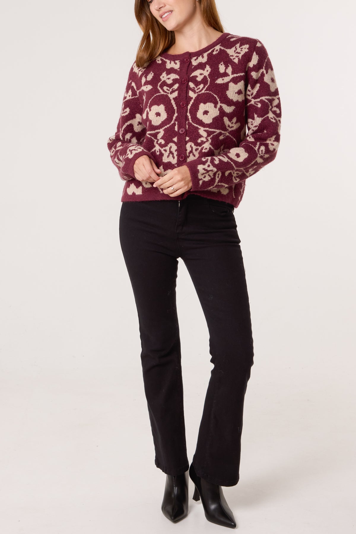 Sparkly Floral Pattern Knit Cardigan