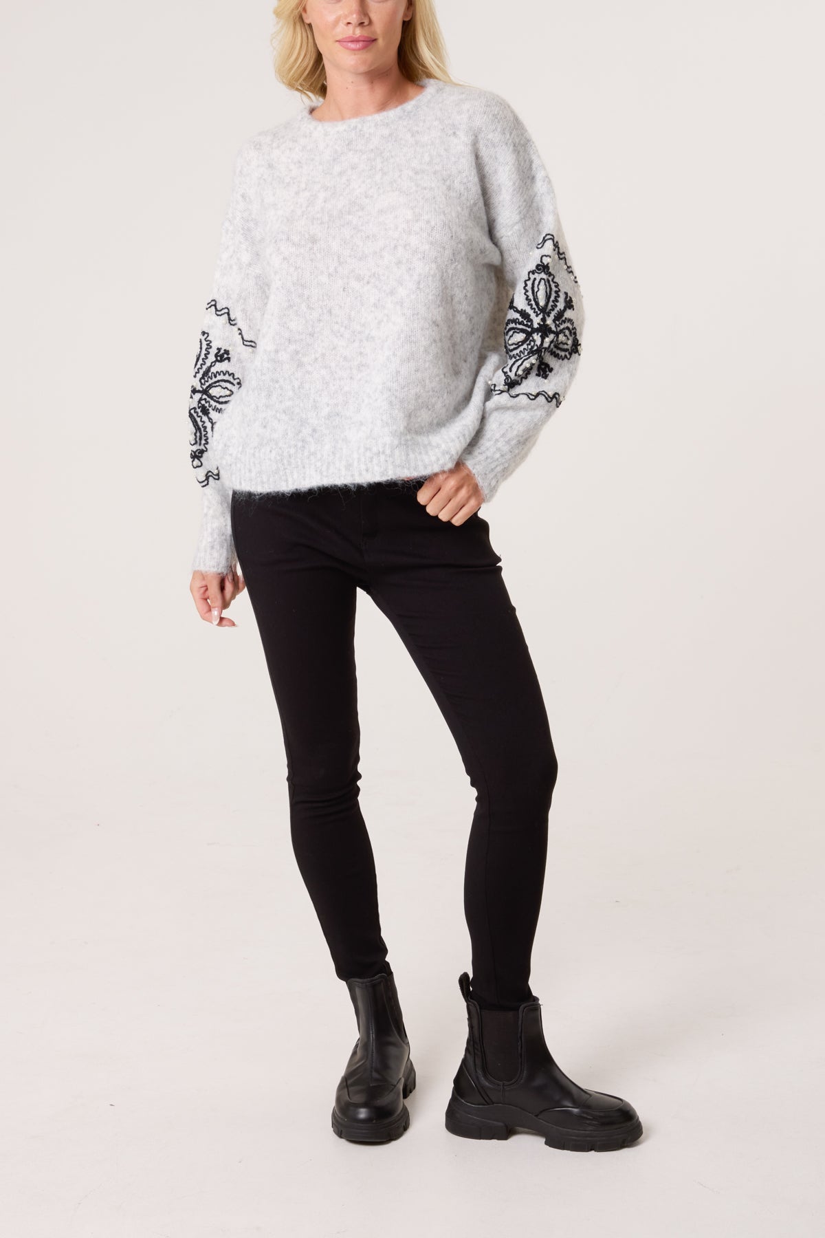 Floral Embroidery Sleeve Knit Jumper