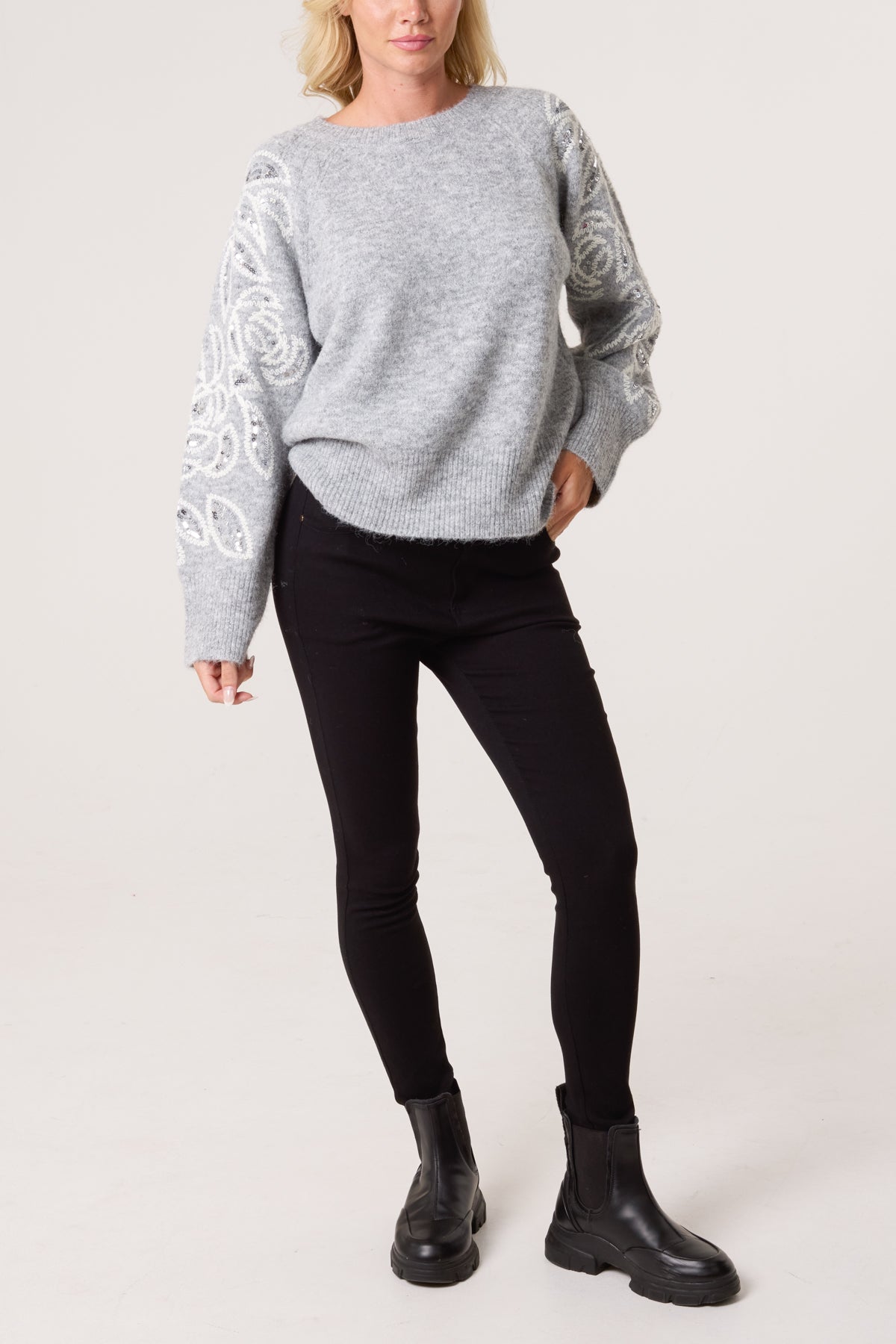 Embroidery & Sequin Sleeve Knit Jumper