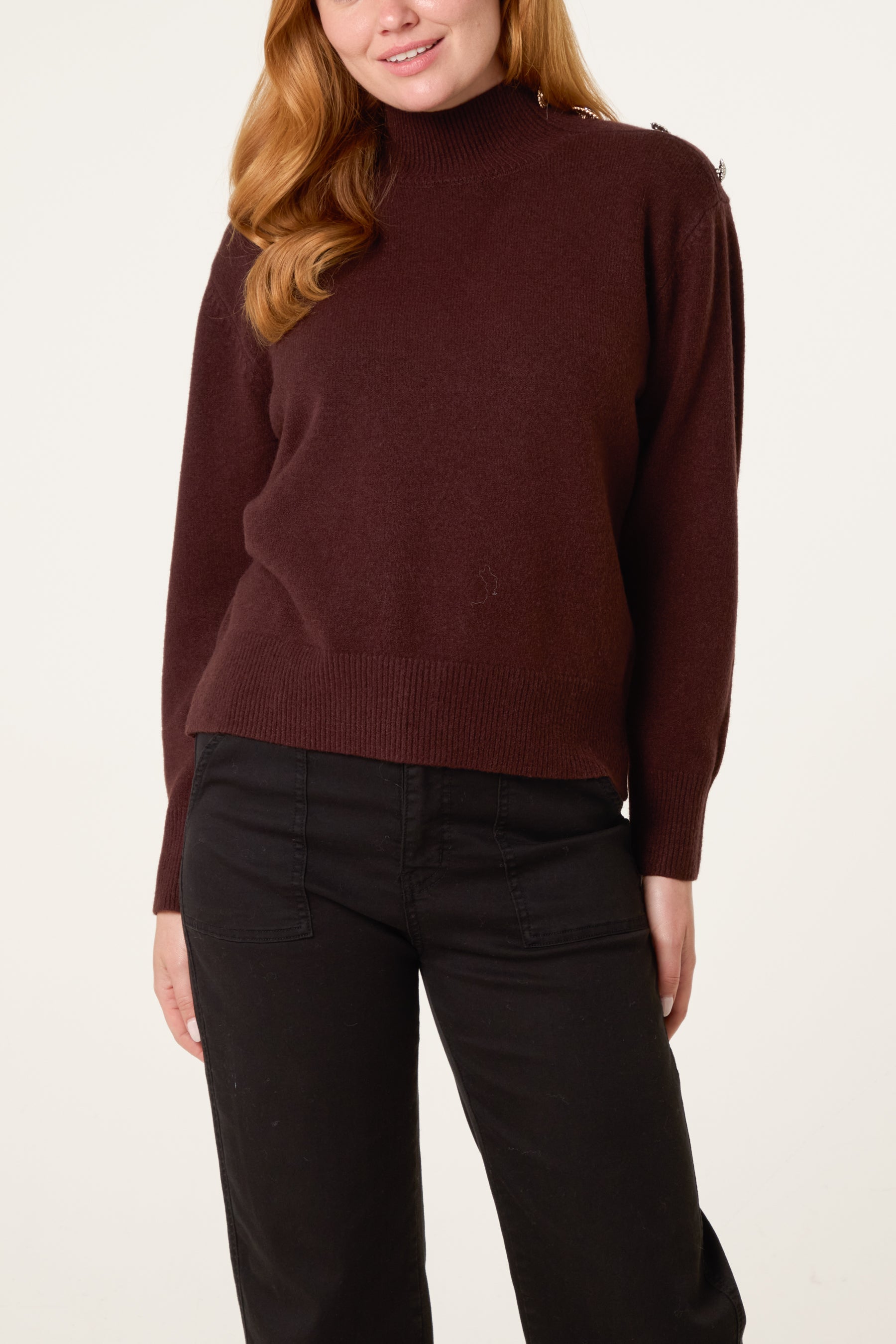 Jewelled Shoulder High Neck Jumper