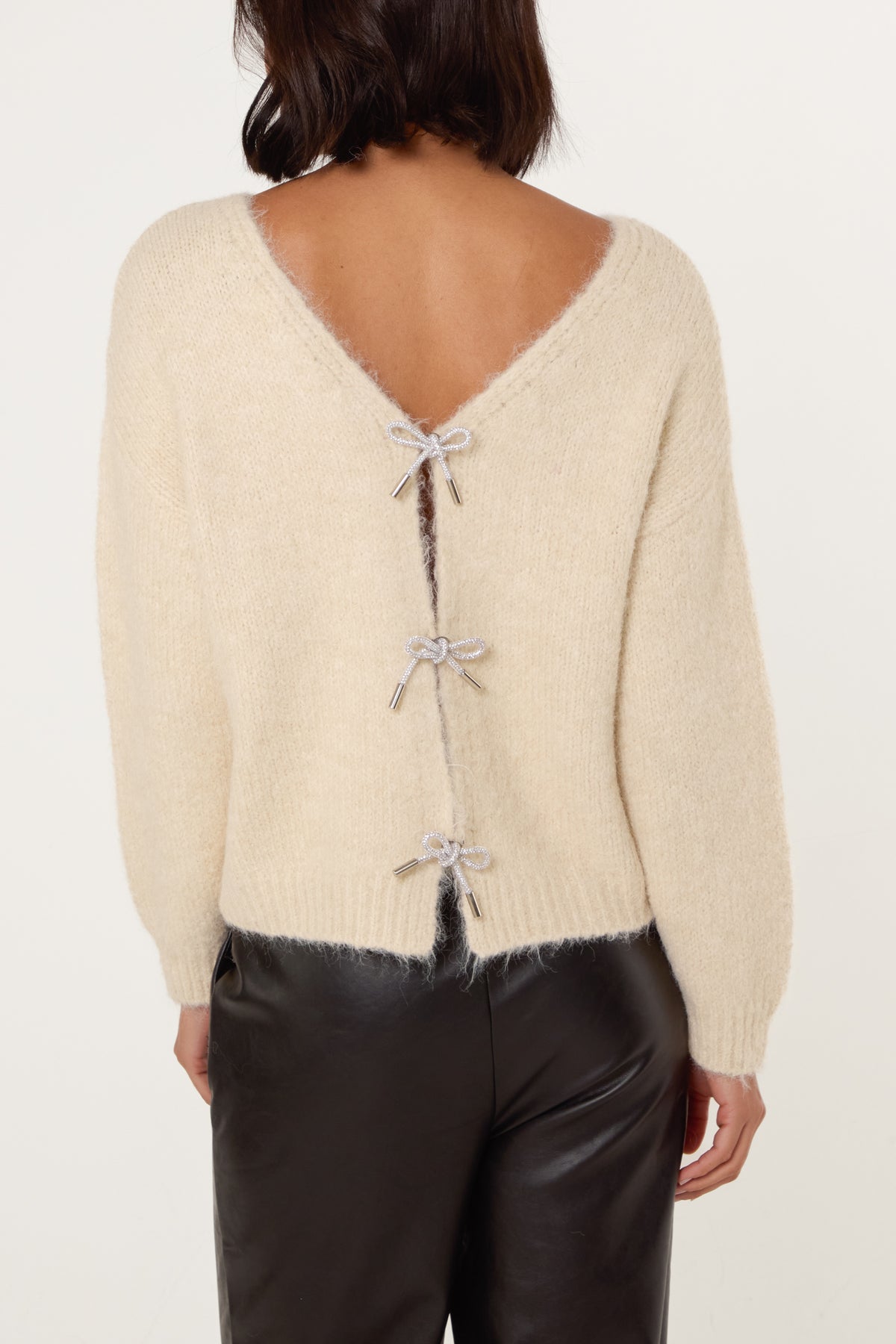 Diamante Bow V-Neck Knit Jumper