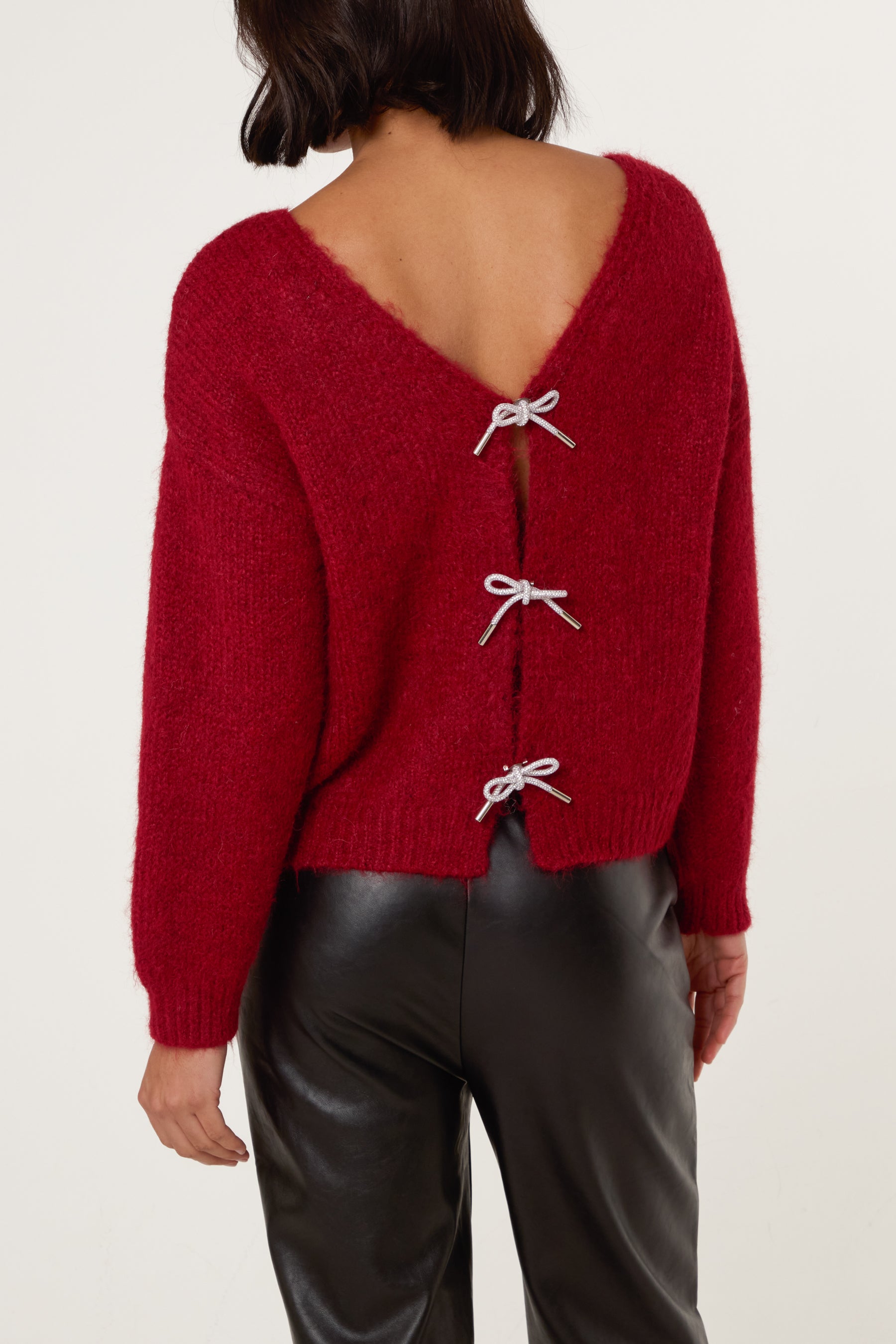 Diamante Bow V-Neck Knit Jumper