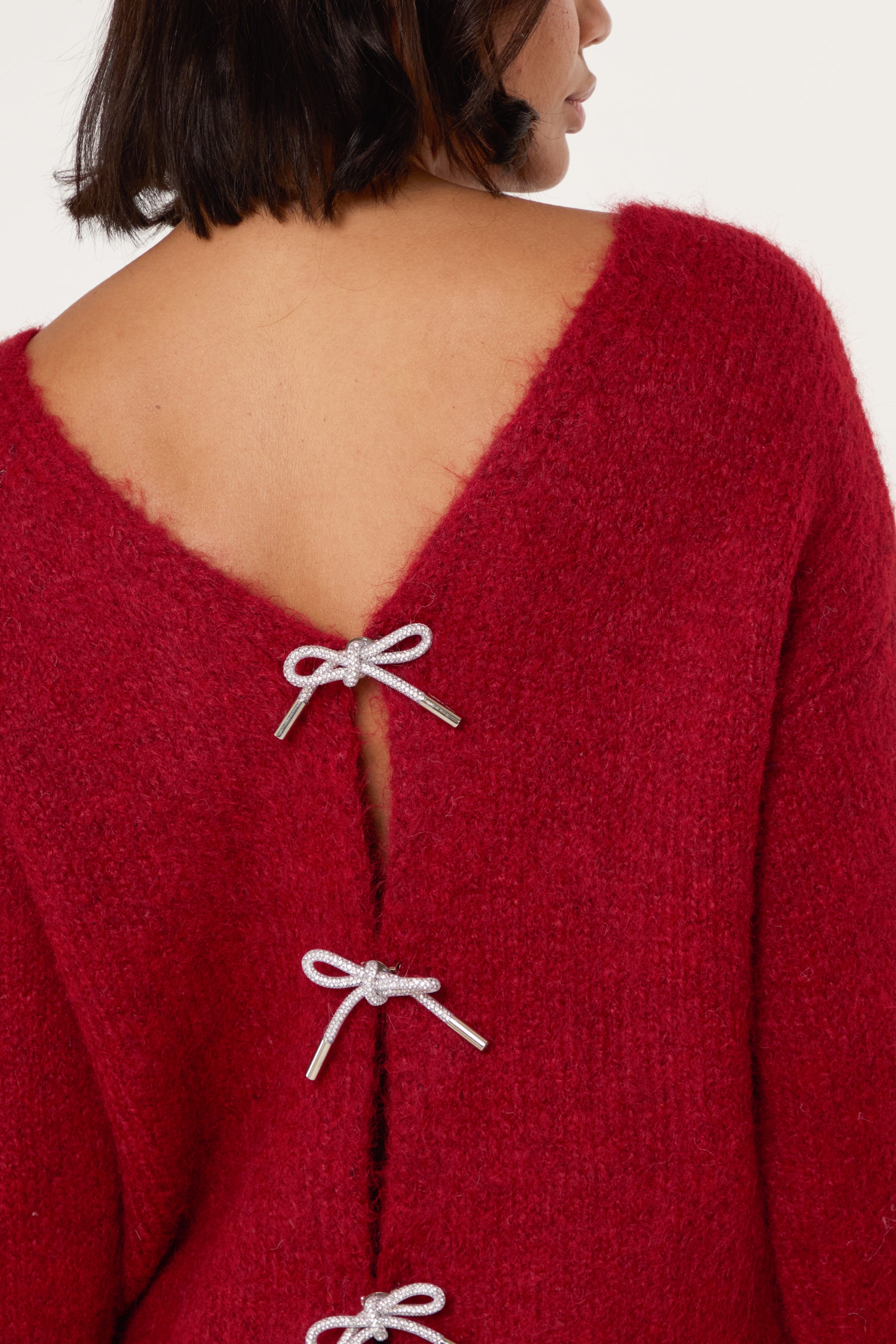 Diamante Bow V-Neck Knit Jumper