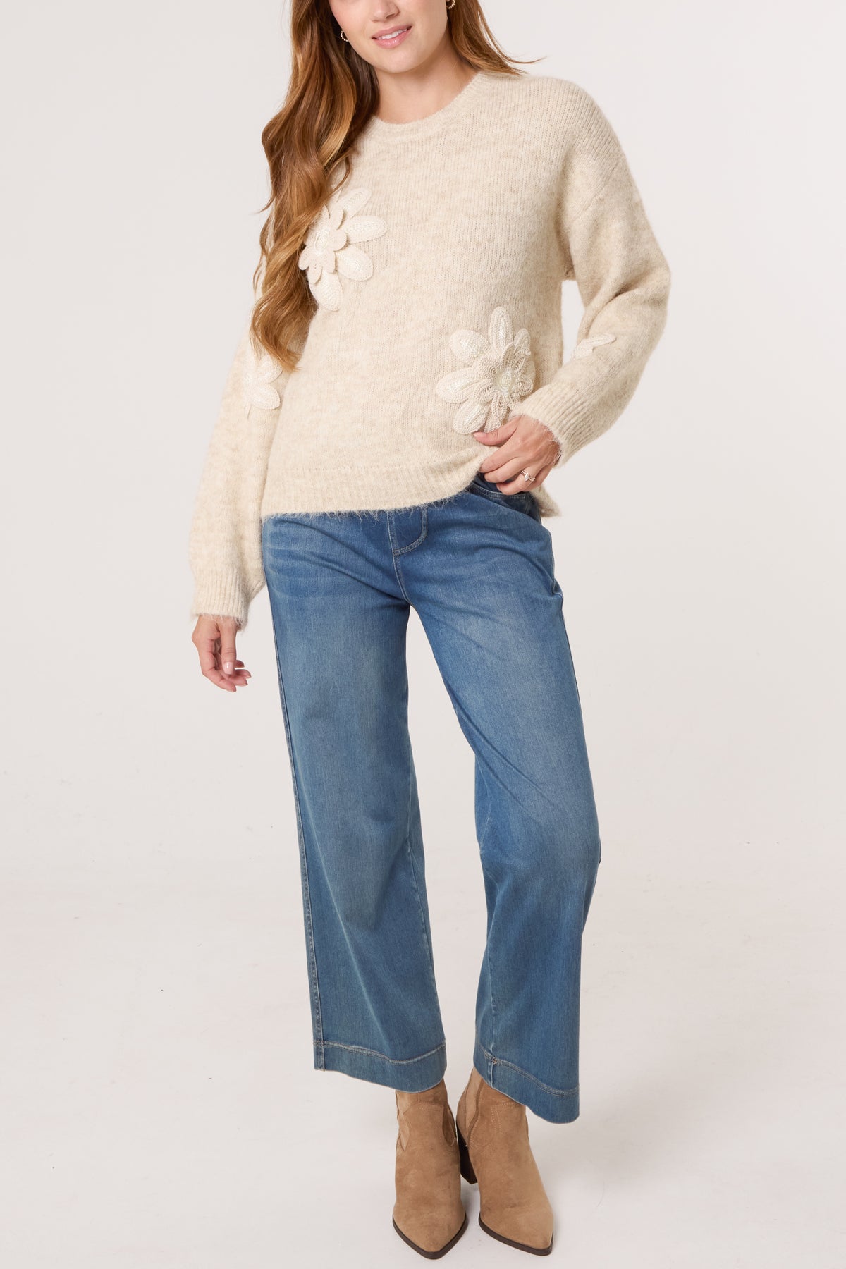Flocking Floral Crew Neck Knit Jumper