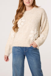 Flocking Floral Crew Neck Knit Jumper
