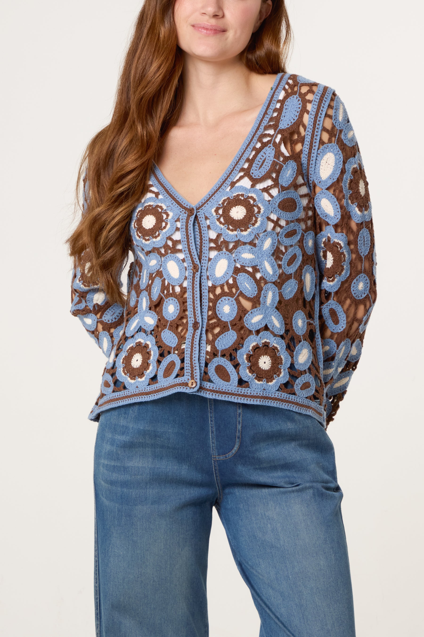 Abstract Floral Crochet V-Kneck Cardigan