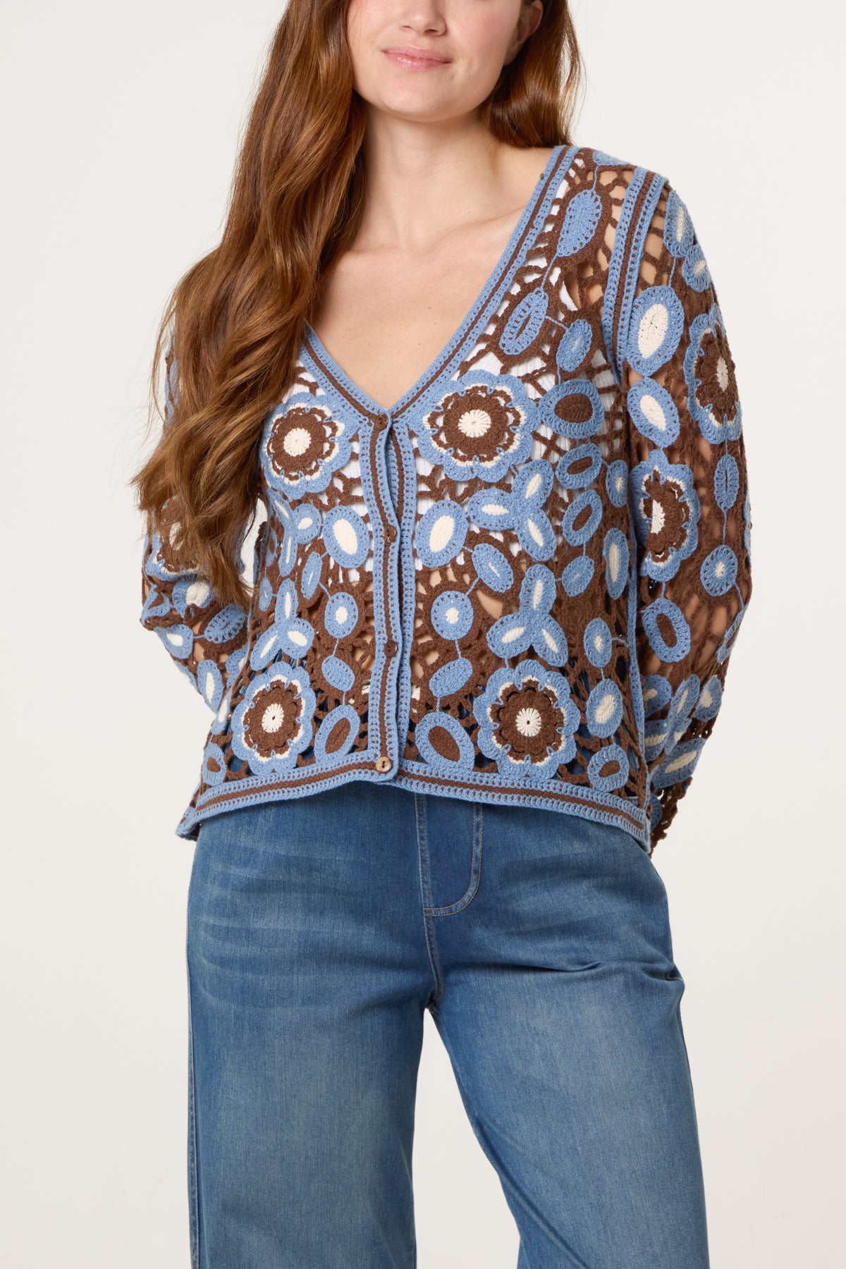 Abstract Floral Crochet V Cardigan